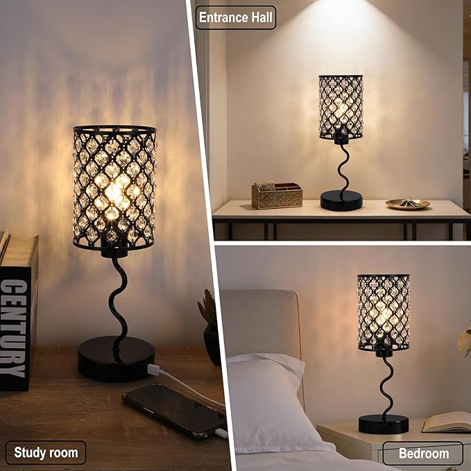 EOEYYOYB Crystal Table Lamp with 3 Way Dimmable Touch Control, Nightstand with USB A+C Ports, Modern Bedside Touch Lamp for Bedroom, Living Room, Office Reading, Black