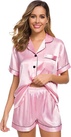 SWOMOG Womens Silk Satin Pajamas Set Short Sleeve Sleepwear Button Down Top and Shorts Loungewear 2 Piece Pjs Set XS-3XL