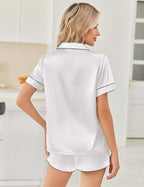 Ekouaer Womens Silk Satin Pajama Sets 2 Piece Button Down Silk Pjs Shorts Sets Cute Print Short Sleeve Sleepwear S-4XL