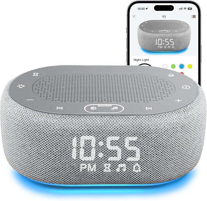 1Mii White Noise Sound Machine with Alarm Clock, Sound Machine for Sleep for Adults Baby, 30 Soothing Sounds, Smart App Controlled, Dimmable 7-Color Night Light, Sleeping Timer, 30 Volume Levels