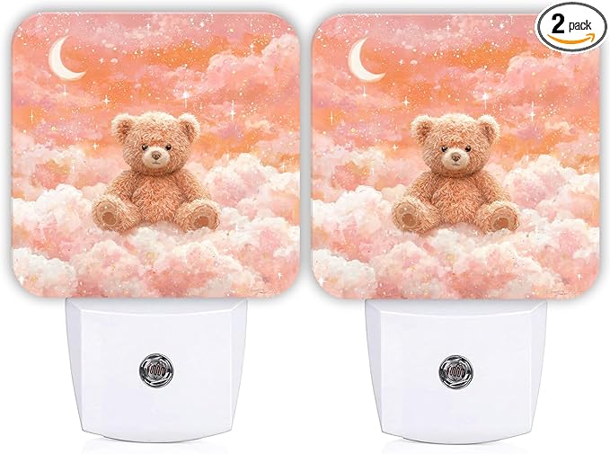 Bear Night Lights Plug Into Wall, Cute Fanciful Moon Clouds Winter Peach Energy Saving Automatic Led Night Lights for Guest Room Basement Office Decor 2pcs