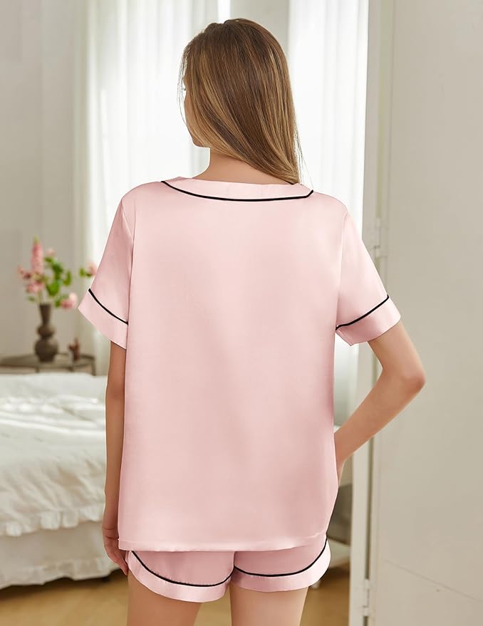 Silk Pajamas for Women Short Sleeve Satin 2 Piece Pj Set Soft V Neck Sleepwear Loungewear, S-XXL