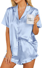 Ekouaer Womens Satin Pajamas Set Button Down 2 Piece Silk Pjs Shorts Set Ruffle Lingerie Notch Collar Sleepwear