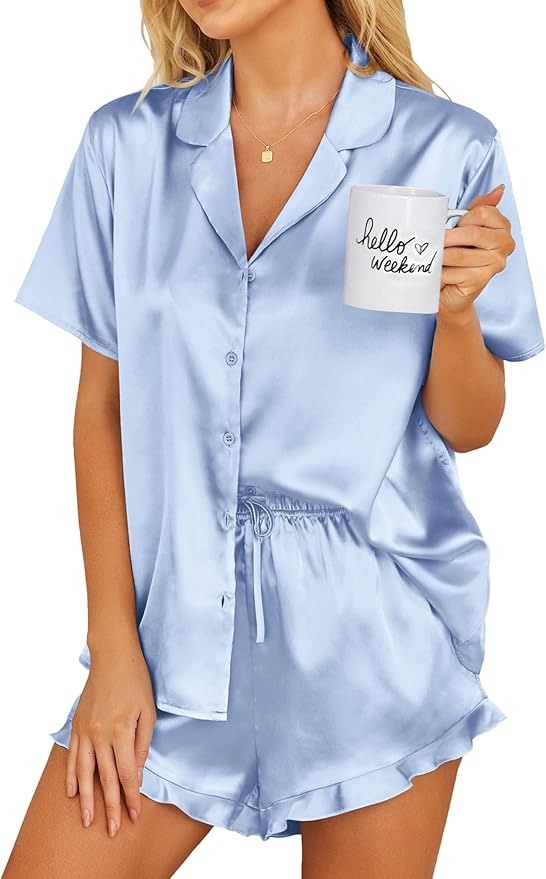 Ekouaer Womens Satin Pajamas Set Button Down 2 Piece Silk Pjs Shorts Set Ruffle Lingerie Notch Collar Sleepwear