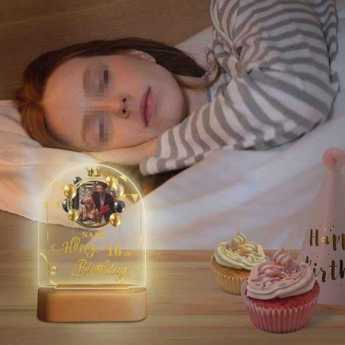 Customized Birthday Gifts Personalized Acrylic LED Night Light Lamp Plaque Custom Photo Name Age Birthday Gifts for Women Men(B-Black and Gold)