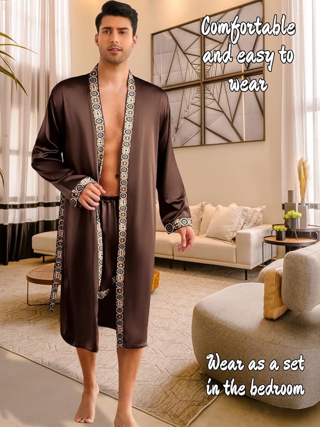 ChiaoLezhee Mens Satin Bath Robe with Shorts Set, Silk Paisley Kimono Lightweight, Soft Long Sleeve Sleepwear