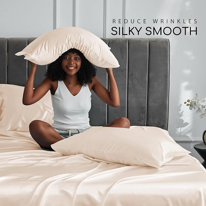 MR&HM Satin Bed Sheets, Queen Size Sheets Set, 4 Pcs Silky Bedding Set with 15 Inches Deep Pocket for Mattress (Queen, Beige)