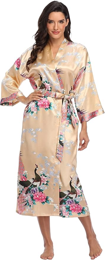 Valennia Women Long Silky Bathrobe Satin Kimono Robe Floral Printed Dressing Gown Sleepwear