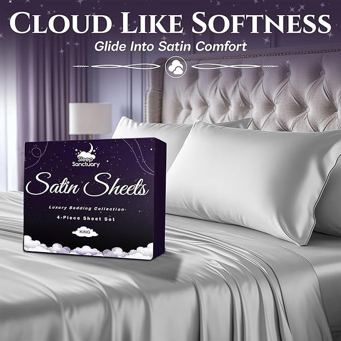 SLEEP SANCTUARY Satin Sheets Queen Size – 4 Piece Luxury Silky Bed Set, Softer Than Silk, 15" Deep Pocket, Cooling & Wrinkle-Free, Moisture-Wicking & Breathable for Hair & Skin (White)