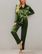 Ekouaer Women's Classic Button Down Long Satin Silk Pajama Set