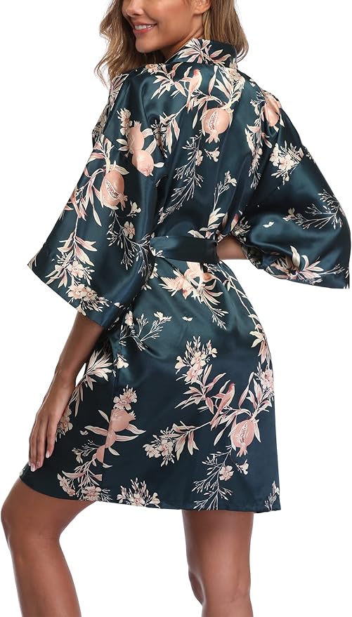 Women's Floral Satin Robes Bride Bridesmaid Getting Ready Robe Short Silky Kimono Sleepwear for Wedding Party