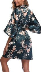 Women's Floral Satin Robes Bride Bridesmaid Getting Ready Robe Short Silky Kimono Sleepwear for Wedding Party