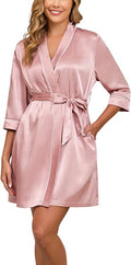 Veseacky Women's Satin Robe Knee Length V Neck Lightweight Silky Bathrobe Casual Loungewear Sleepwear with Waist Tie