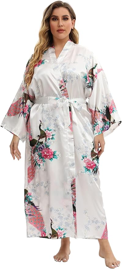 Women's Floral Long Satin Robes Plus Size Long Silk Robes Peacock Floral Kimonos Sleepwear Dressing Gown