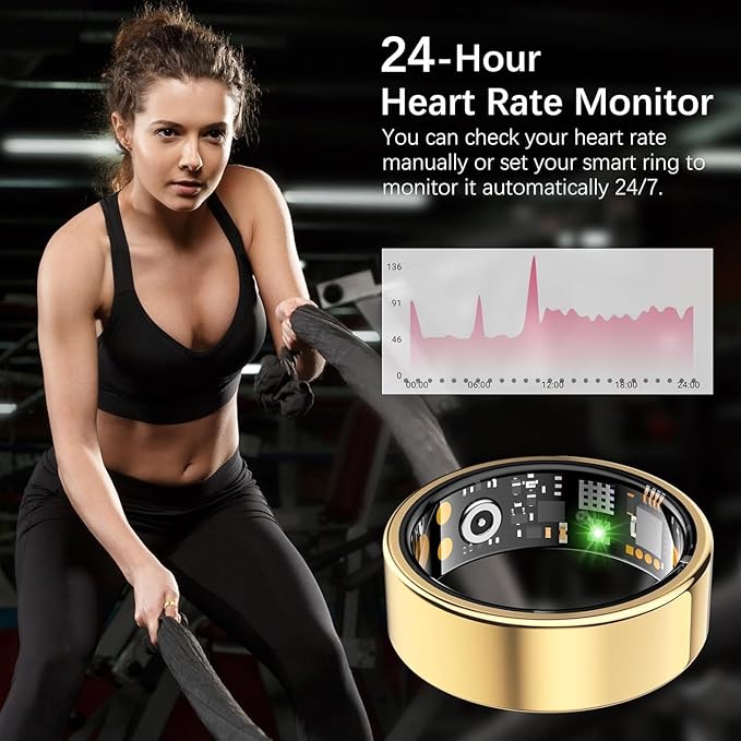 Ring Health Tracker for Women Men, Fitness Ring with Heart Rate,Blood Oxygen,Sleep Monitor,Calories, Step Counter, IP68 Waterproof Smart Ring for iPhone & Android, No Subscription Fee (Gold, 12#)
