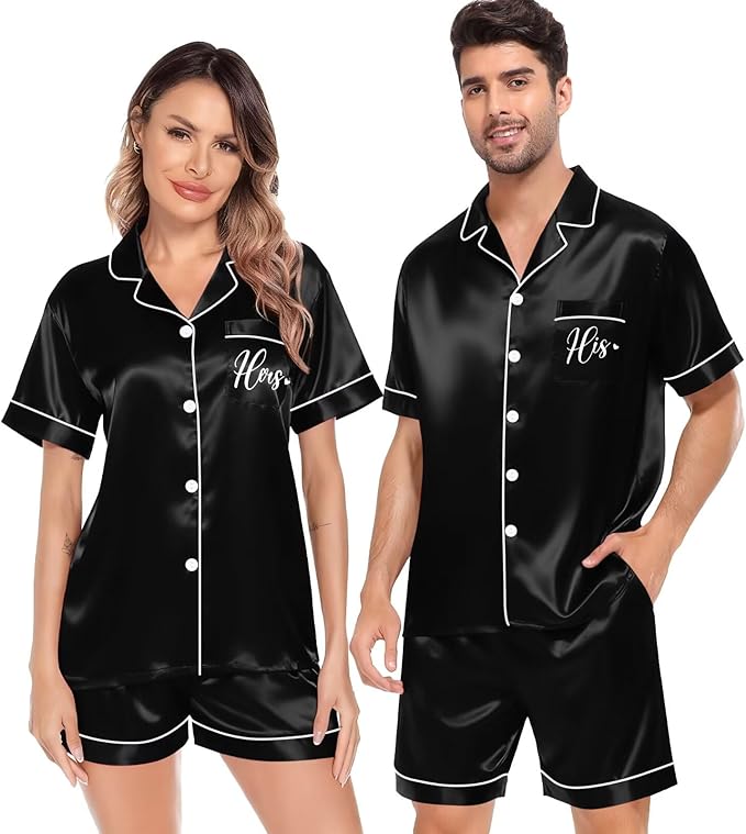 SWOMOG Satin Matching Pajamas Sets Couple Silk Button Down Nightwear Women & Men Short Sleeve Sleepwear 2 Pieces Loungewear