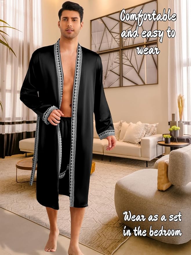 ChiaoLezhee Mens Satin Bath Robe with Shorts Set, Silk Paisley Kimono Lightweight, Soft Long Sleeve Sleepwear