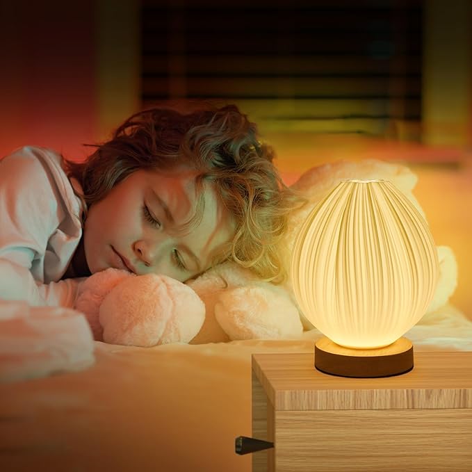 Table Lamp Bedside Small Side Table Lamp with Woodbase Peach 3D Printing Button Control Table USB Lamp Dimmable Nightstand Lamp with PLA Lampshade for Living Room Bedroom Decor