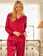 SWOMOG Long Sleeve Pajamas Set Silk Satin Sleepwear Button Down Pjs Loungewear with Pocket