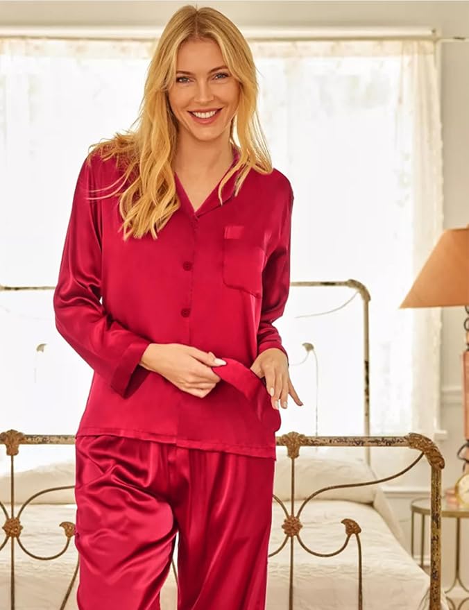 SWOMOG Long Sleeve Pajamas Set Silk Satin Sleepwear Button Down Pjs Loungewear with Pocket