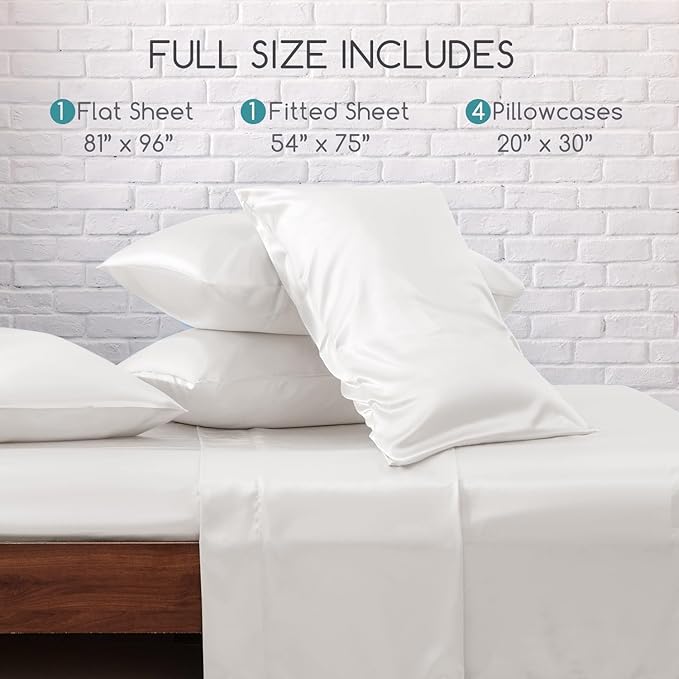 MR&HM Satin Bed Sheets, Full Size Sheets Set, 6 Pcs Silky Bedding Set with 15 Inches Deep Pocket for Mattress (Full, Ivory)