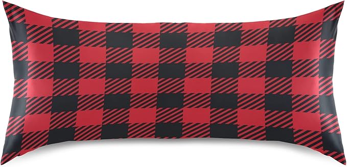 Christmas and New Year Buffalo Plaid Satin Pillowcase for Hair and Skin, Red and Black Buffalo Check Plaid Silk Pillow Case with Envelope Closure, Standard Size 20x26 inches, 1 PC
