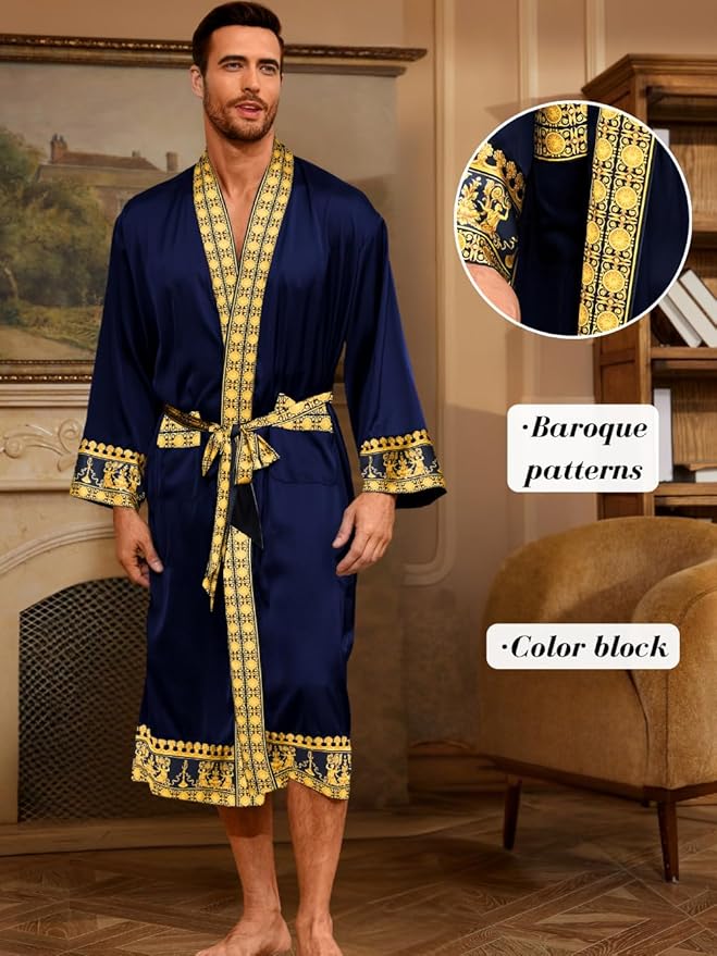 ChiaoLezhee Men's Luxury Silky Robe & Shorts Set, 2PC Lightweight Satin Pajamas with Pockets, Opulent Baroque Kimono Gifts