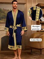 ChiaoLezhee Men's Luxury Silky Robe & Shorts Set, 2PC Lightweight Satin Pajamas with Pockets, Opulent Baroque Kimono Gifts