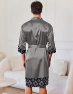 Ekouaer Mens Satin Robe Lightweight Silky Kimono Bathrobe 3/4 Sleeve Spa Knee Length Loungewear with Pockets S-3XL