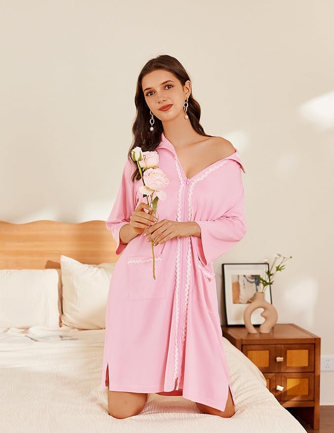 Ekouaer Women Zipper Robe Lightweight House Coat Zipper Front Short Bathrobes Soft Nightgown with Pockets S-3XL