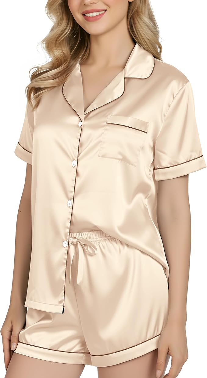 NY Threads Women's Silk Satin Pajamas Set Button Down Top and Shorts 2 Piece Sleepwear Loungewear Pjs Set
