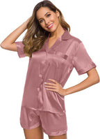 SWOMOG Womens Silk Satin Pajamas Set Short Sleeve Sleepwear Button Down Top and Shorts Loungewear 2 Piece Pjs Set XS-3XL