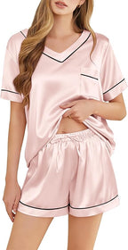 Silk Pajamas for Women Short Sleeve Satin 2 Piece Pj Set Soft V Neck Sleepwear Loungewear, S-XXL