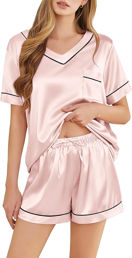 Silk Pajamas for Women Short Sleeve Satin 2 Piece Pj Set Soft V Neck Sleepwear Loungewear, S-XXL