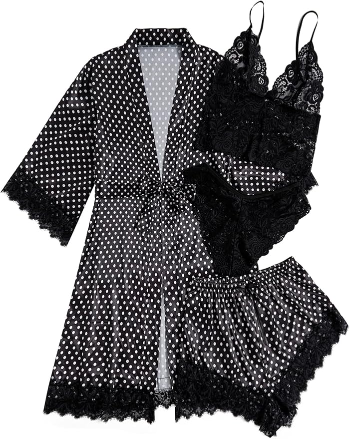 WDIRARA Women' Silk Satin Pajamas Set 4pcs Lingerie Floral Lace Cami Sleepwear with Robe