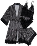 WDIRARA Women' Silk Satin Pajamas Set 4pcs Lingerie Floral Lace Cami Sleepwear with Robe