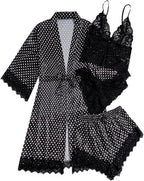 WDIRARA Women' Silk Satin Pajamas Set 4pcs Lingerie Floral Lace Cami Sleepwear with Robe