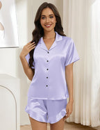 Silk Pajamas for Women Button Down 2 Piece Satin Pjs Shorts Set Ruffle Notch Collar Sleepwear Loungewear
