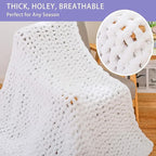Bigacogo Chunky Knit Throw Blanket for Couch, 51x63 inches, 100% Hand Knitted with Thick Jumbo Chenille Yarn, Cozy Soft Large Rope Knot Cable Crochet Blankets for Sofa Bed Living Room, White