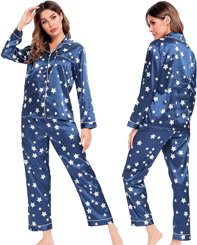 SWOMOG Womens Silk Satin Pajamas Set Long Sleeve Button Down Sleepwear 2 Piece Lounge Set Pj Set XS-3XL