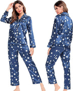 SWOMOG Womens Silk Satin Pajamas Set Long Sleeve Button Down Sleepwear 2 Piece Lounge Set Pj Set XS-3XL