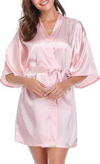 Vlazom Womens Kimono Robes Dressing Gown Satin Bathrobe Nightdress Short Style Bridal Robe