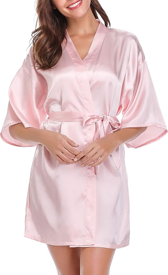 Vlazom Womens Kimono Robes Dressing Gown Satin Bathrobe Nightdress Short Style Bridal Robe
