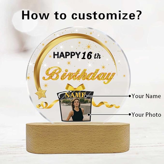 Customized Birthday Gifts Personalized Acrylic LED Night Light Lamp Crystal Ball Plaque Custom Photo Name Birthday Gifts for Mom Kids (Black and Gold)