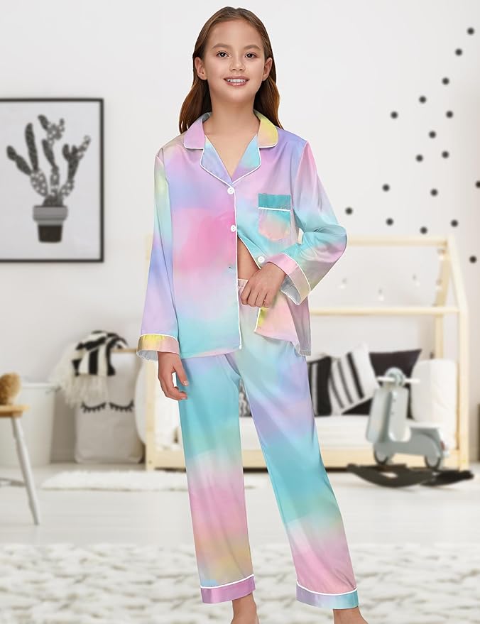 EPLAZA Kids Satin Pajamas Sets Girls Boys Button-Down Silky Pajamas Sleepwear with Hairband Eye Mask Hair Tie
