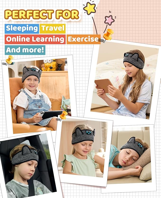 Kids Headband Headphones-Toddler Wireless Bluetooth Headphones with Safe Volume, Wired 3.5mm Jack, Adjustable Sleep Headband-for School/Airplane Travel/Tablet/Kindle, with Travel Bag - Boys & Girls