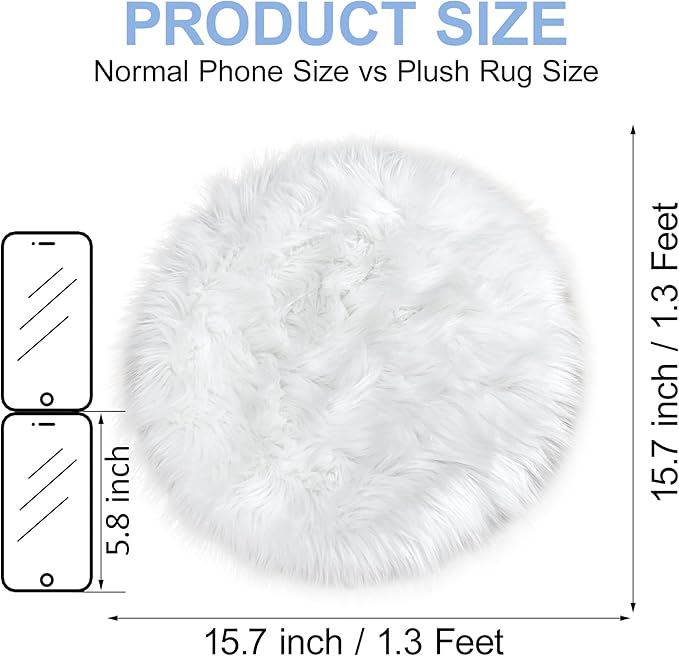 15.7 Inch Mini Small Fur Rug Round, White Plush Fluffy Mini Sheepskin Rug Circle for Chair Dorm Small Fuzzy Round Carpet for Nail Desk 1.3Ft Size Fit for Photo Props Background