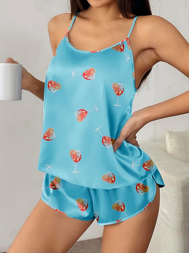 Ekouaer Silk Pajamas Set for Women Satin Backless Lingerie Pjs Cami Top and Shorts Nightwear