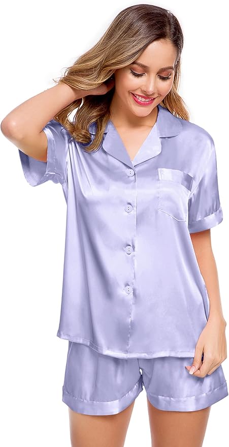 LecGee Womens Silk Satin Pajamas Short Sleeve Loungewear Two-Piece Sleepwear Button-Down Pj Set