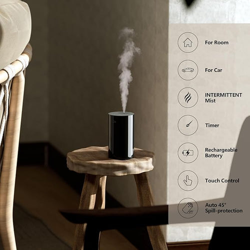 Airversa Waterless Essential Oil Diffuser Starter Kit with 4 x 10mL Fragrance Oil, Battery Operated Mini Scent Air Machine Portable Diffuser for Home Car Office, AN8 Kit2 Black